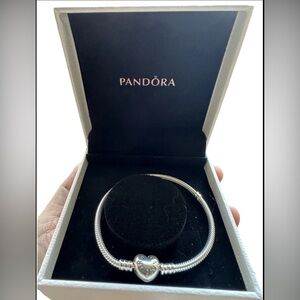 Pandora Bracelet, Sterling Silver with Heart Clasp with box